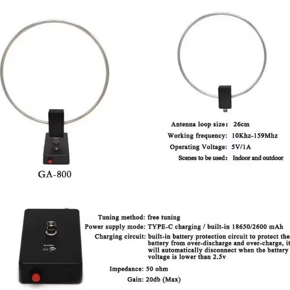GA800 radio, active loop shortwave antenna 10KHz-159MHz HF