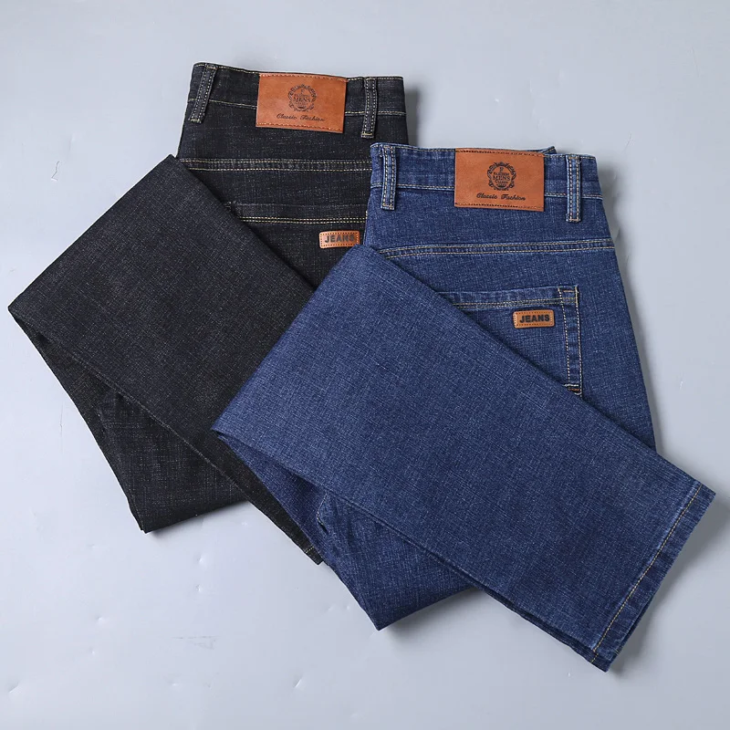 New Classic Business Straight Stretch Men\'s Jeans Soft Fashion Slim Casual Male Brand Denim Trousers Black Blue 28-40