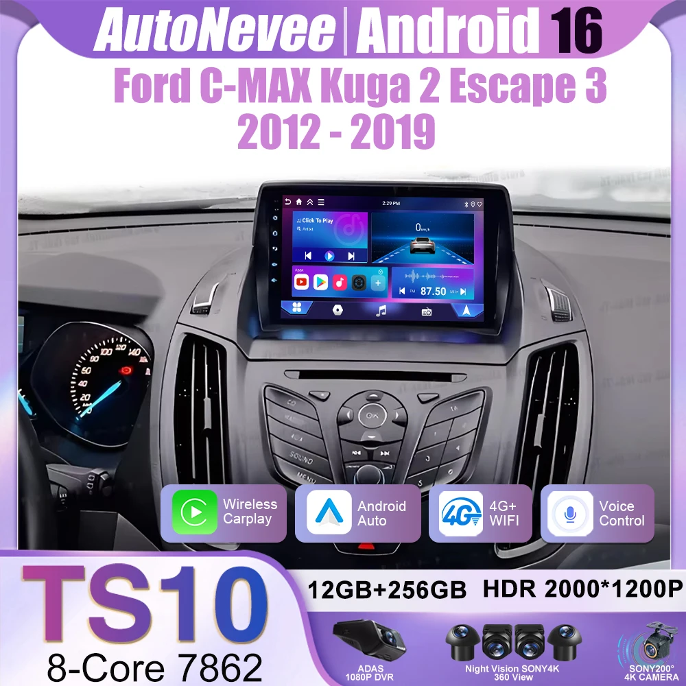 

9 inch Car Radio For Ford C-MAX Kuga 2 Escape 3 2012 - 2019 Wireless Carplay Stereo Android 16 Multimedia Video Player 4G WIFI