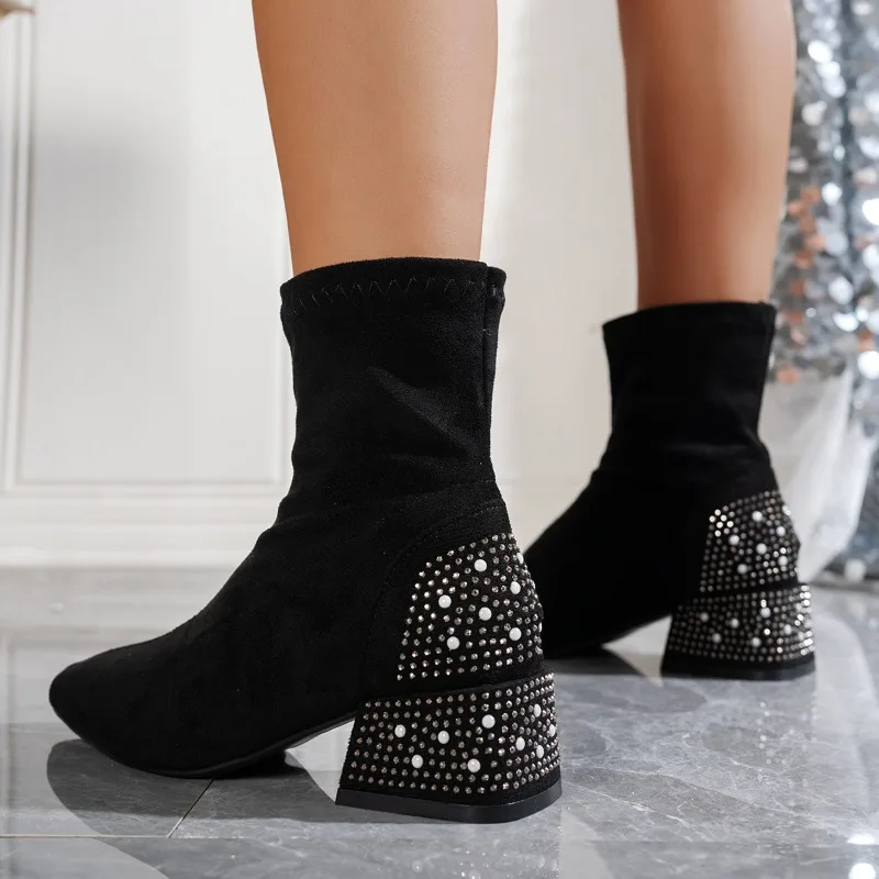 Versatile Square Toe Tight Boots Fall/Winter 2025 New Pearl Block Heel Turn-Over Fur Block Heel Boots