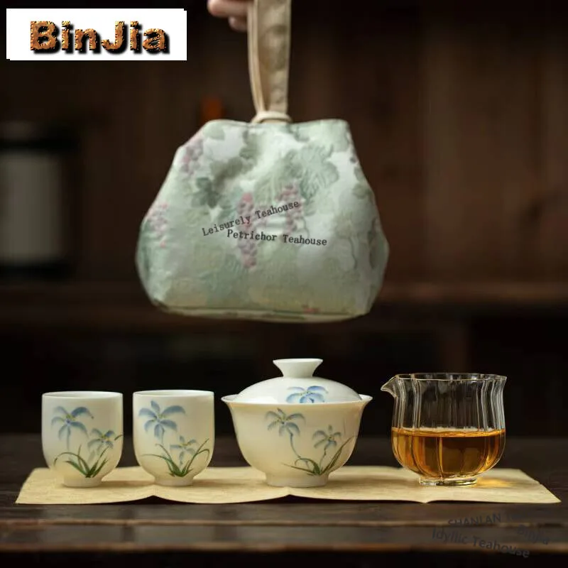 Underglaze Hand-painted Iris Portable Travel Tea Set Kit Creative 1 Pot 2 Cups Tea Maker Organizer Bag Chinese Tea Set Ornaments