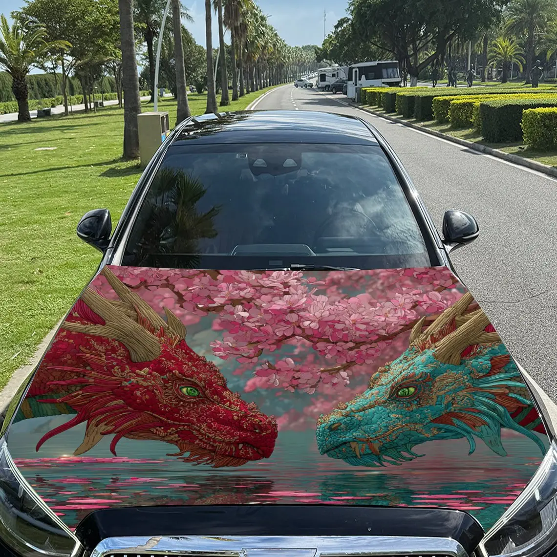 

Gorgeous Two - colored Dragons Surrounded by Pink Cherry Blossoms Pattern car hood stickers, waterproof self-adhesive, scratch r