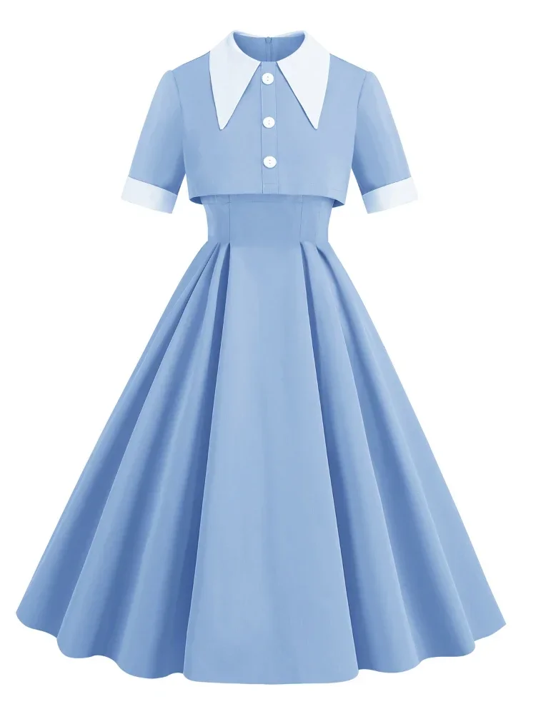 Summen Women Turn-Down Collar Short Sleeve Maxi Dress Pleated Tunic Dresses Hepburn Casual Preppy Style 2 Piece Shirt Long Dress