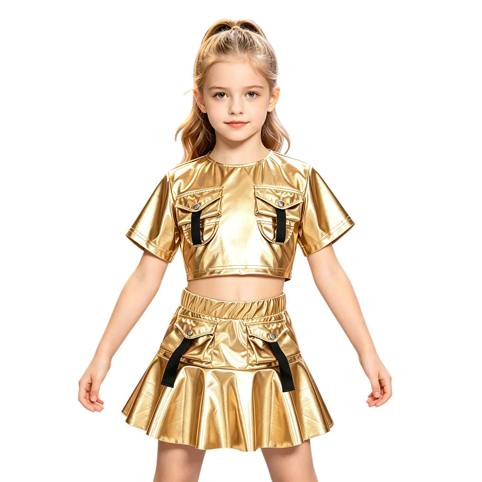 Kids Girls Metallic Hip-hop Jazz Dance Outfit Short Sleeve Flap Pockets Crop Top with Ruffle Cargo Skirt Cheerleading Streetwear
