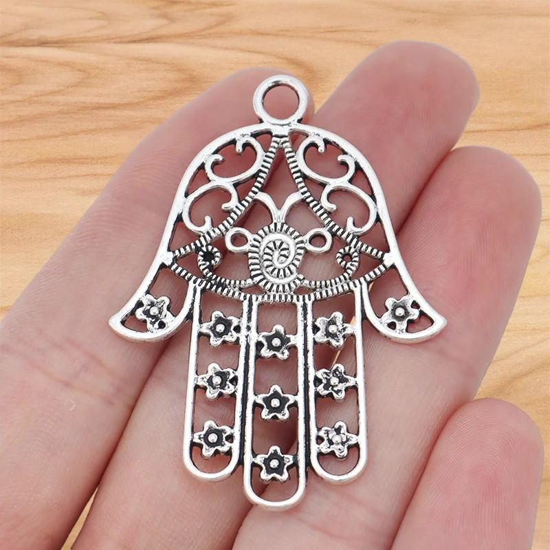 15 Pieces Tibetan Silver Hollow Out Open Hamsa Hand Charms Pendants for DIY Necklace Jewelry Making Findings Accessories 53x40mm