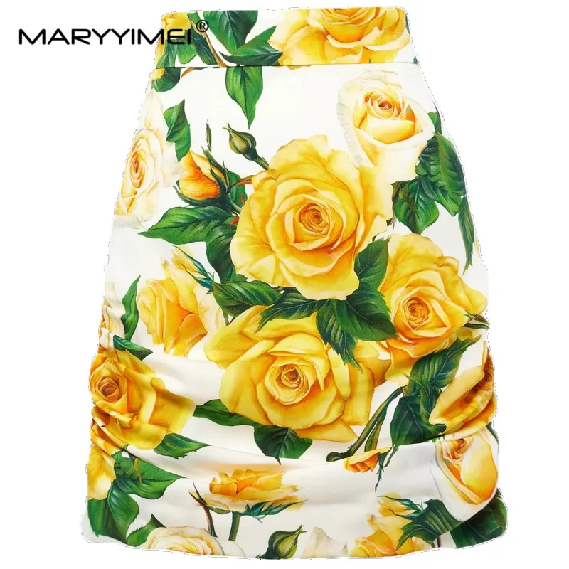 

MARYYIMEI Fashion Designer Summer Woman's High Waisted Silk Wrap Buttocks Yellow Rose Print Elegant Half Skirt