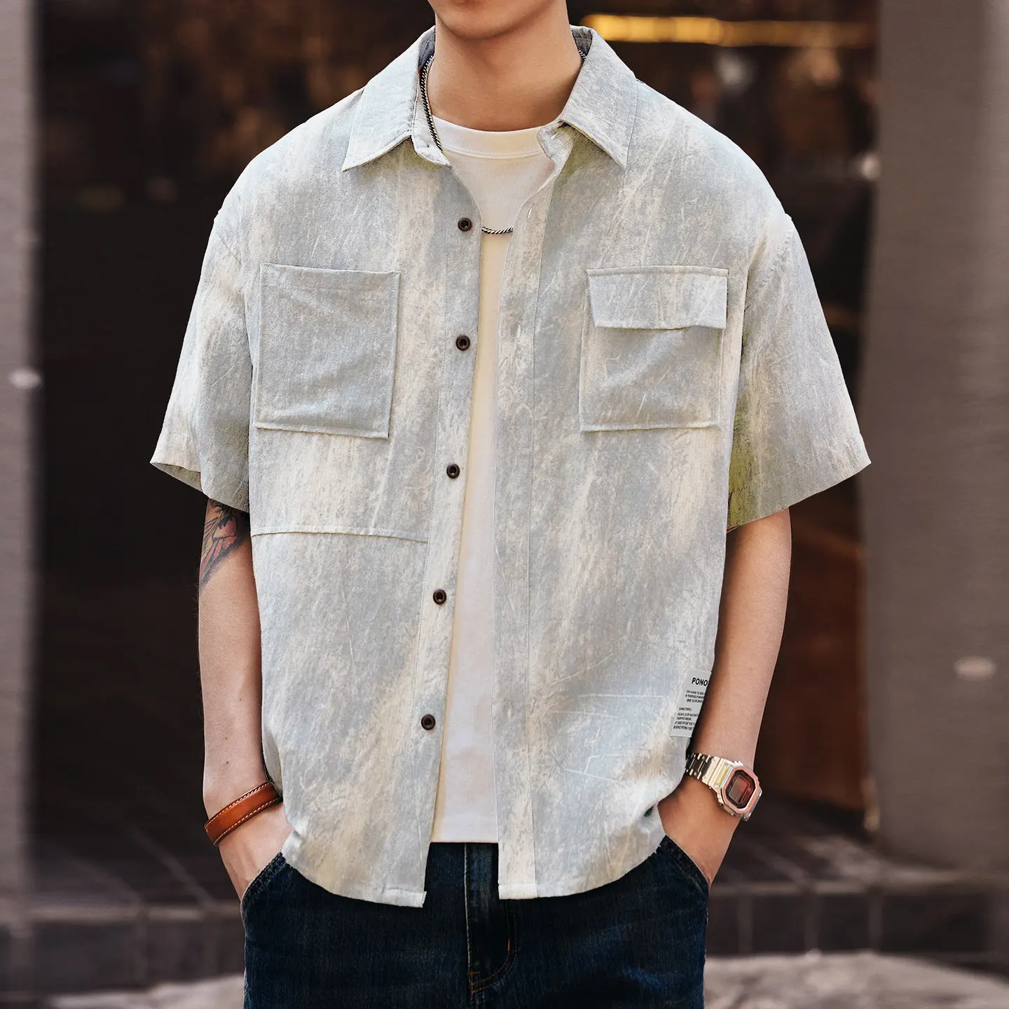 Men's American Vintage Tie-Dye Short Sleeve Shirt, Summer Loose Workwear Multi-Pocket Blouse, Trendy Casual Versatile Top