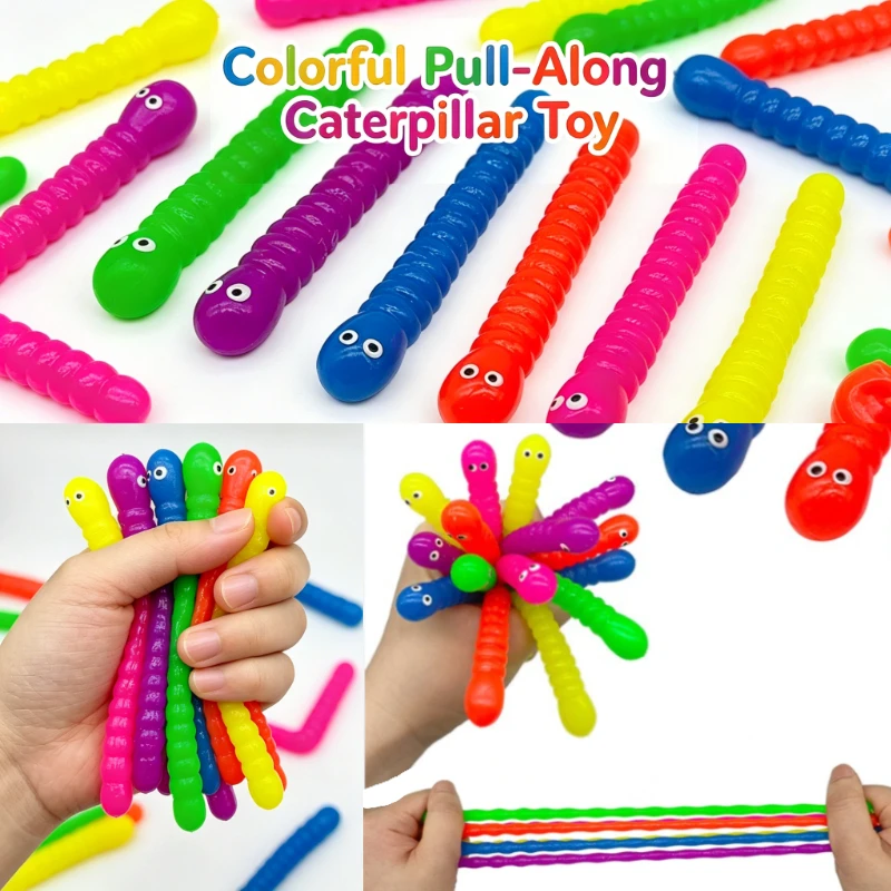Caterpillar Stretchy String Fidget Toy, TPR Soft Worm Pull Along Stress Relief Toy, Elastic Sensory Squeeze Decompression Toy