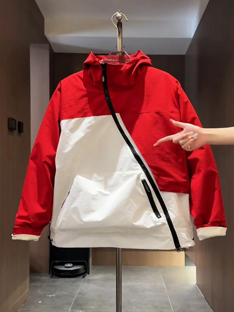New 2026 Men's Hooded Jacket Color Block Design Casual Loose Fit Zipper Front Windproof Polyester Fiber Long Sleeve Coat
