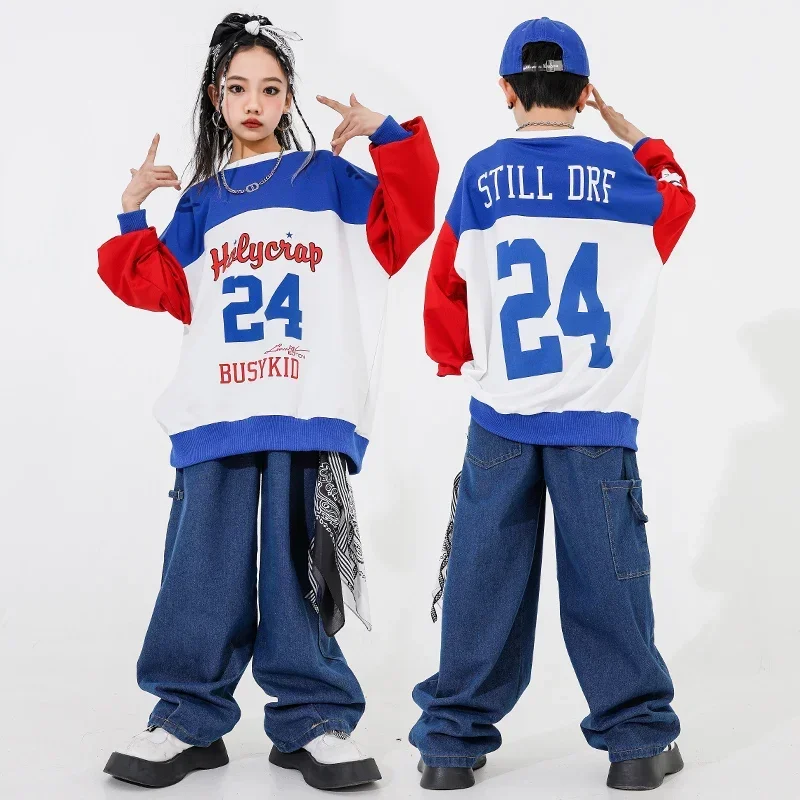 Kids Hip Hop Clothing Streetwear Outfits Oversize Sweatshirt Casual Pockets Cargo Pants for Girl Boy Jazz Dance Costume Clothes