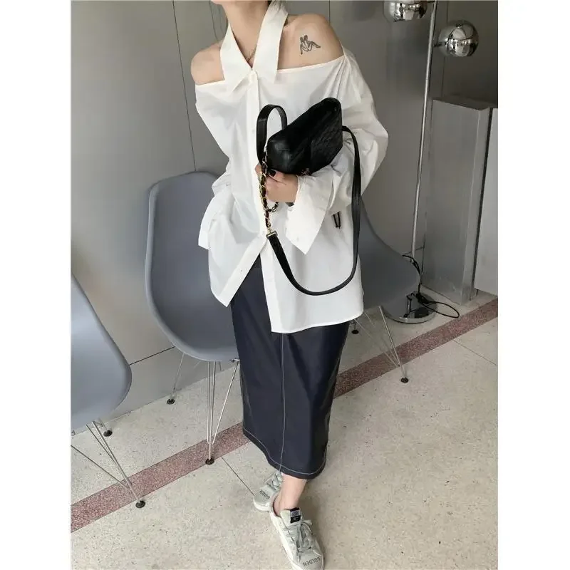 

Spring Autumn New Chic Loose Design Long Sleeve Top Off Shoulder Halter White Shirt Women