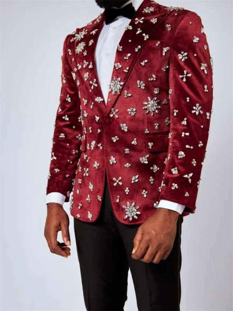 

Dark Red Velvet Men Suits Set 2 Pieces Blazer+Cotton Pants Trousers Wedding Tuxedos Formal Office Crystal Groom Prom Jacket Coat