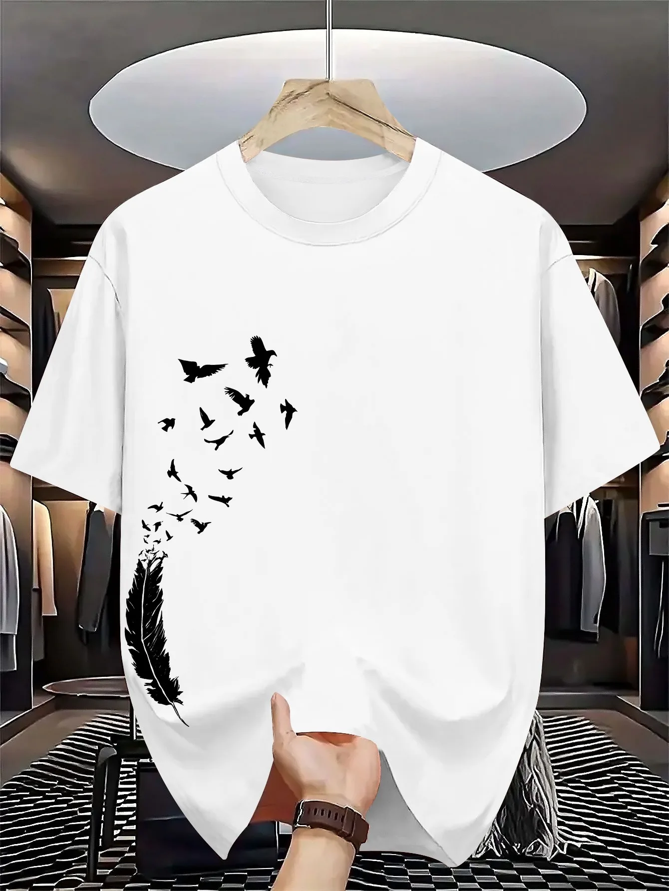Men's  Summer Casual Loose Fashion Bird Creative Pattern Printed Round Neck T-shirt Versatile Quick Dry Top