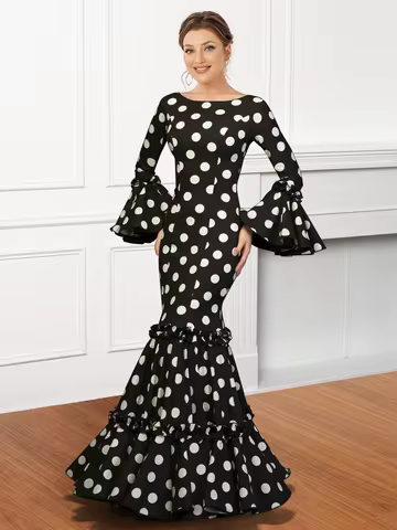 Polk Dot Print Maxi Dress for Women Flare Sleeve Ruffle Elegant Trumpet Dress Slim Round Neck Temperament Evening Dresses