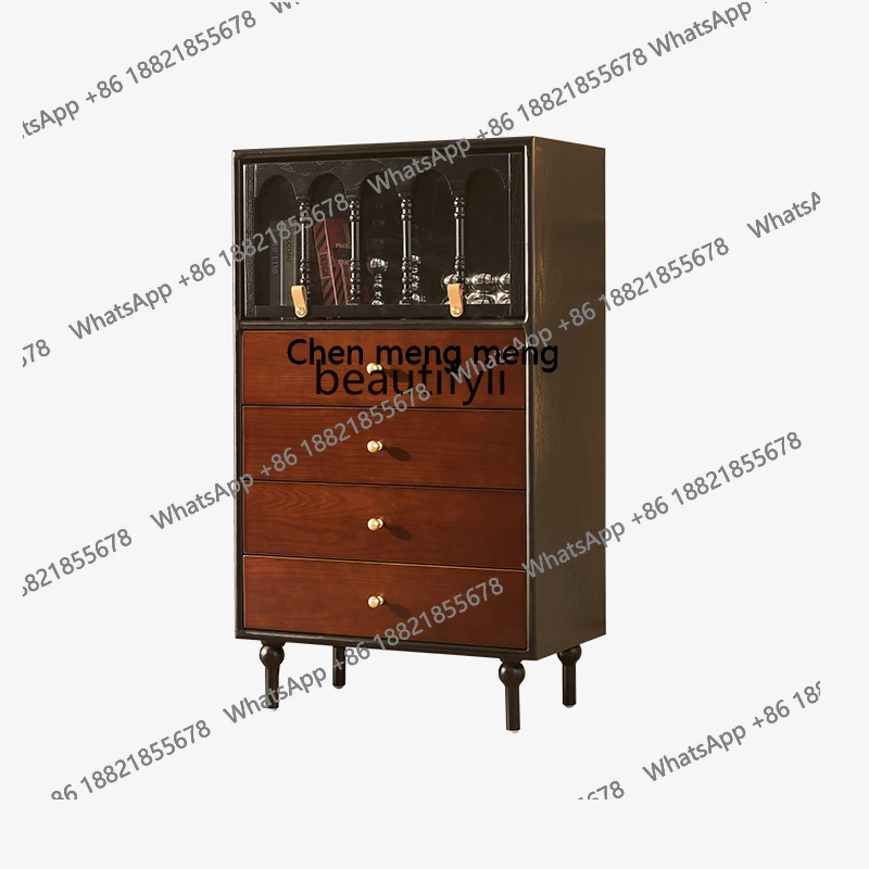

solid wood wine cabinet small apartment living room American style, glass door display cabinet medieval living room side cabinet