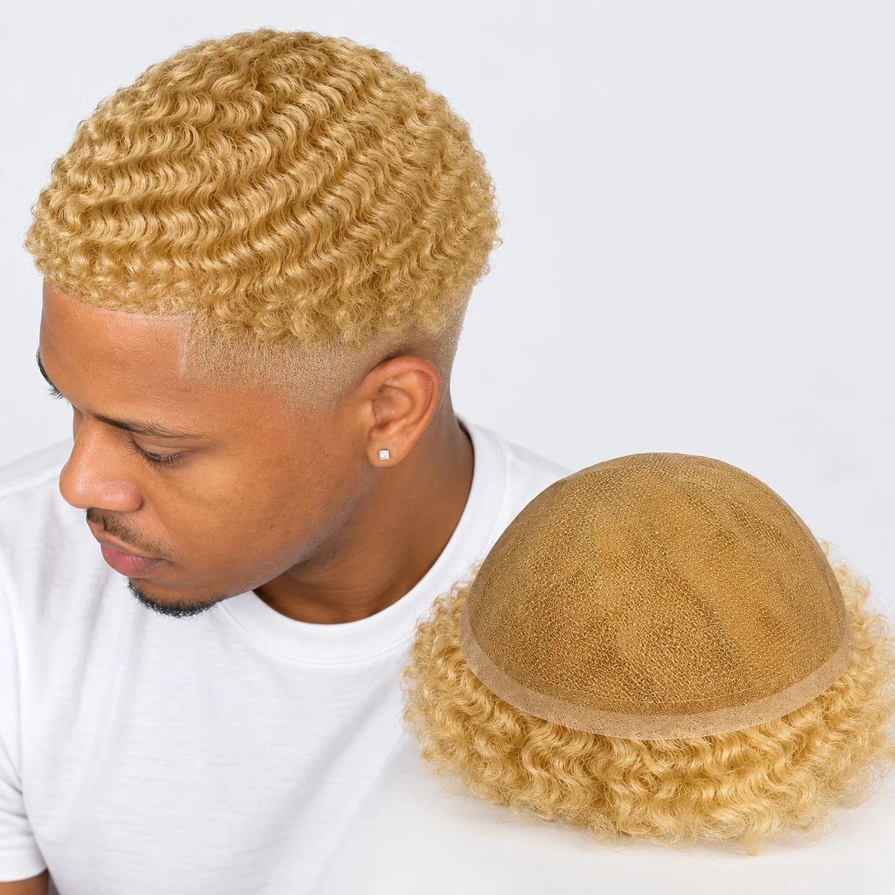 Men's Toupee 10x8in 613 Blonde European Human Hair System with 6mm Afro Kinky Curls on Swiss Full Lace Base Men's Hairpiece