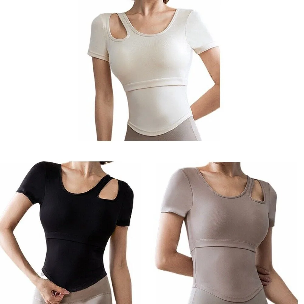 

New Women Short Sleeved with Chest Pads Quick Drying Beautiful Yoga Wear Breathable Slim Sports Shirt