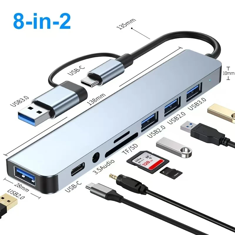 8 In 2 USB HUB With Splitter Card Reader, USB C Port, USB 3.0 / 2.0, SD/TF Splitter Card Reader, Docking Station