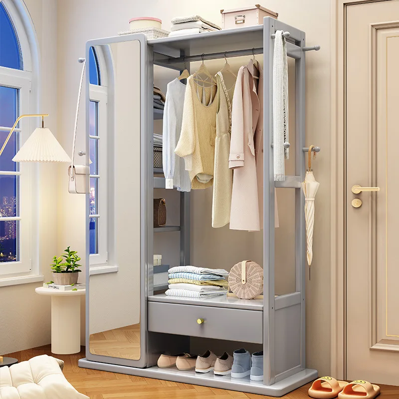 

Modern simple solid wood coat rack, full-length mirror, integrated multi functional hanger