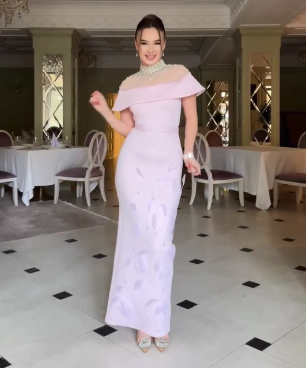 

Customized Sparkle Jersey Pleat Sequined Feather Straight High Collar Midi Dresses Bespoke Occasion Matching