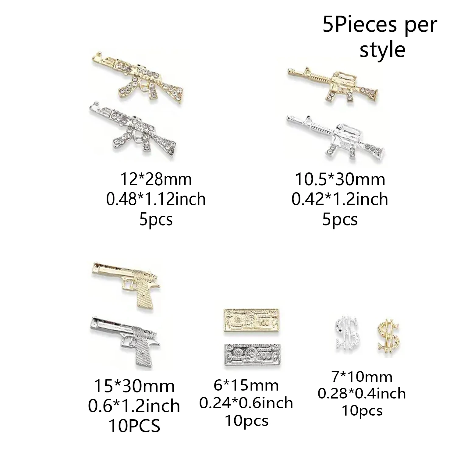 50個入りネイルアートチャームセット、ヴィンテージ風クールな銃とドルデザインのコンパートメント付きミックスボックス、低刺激性 - レトロシックネイル