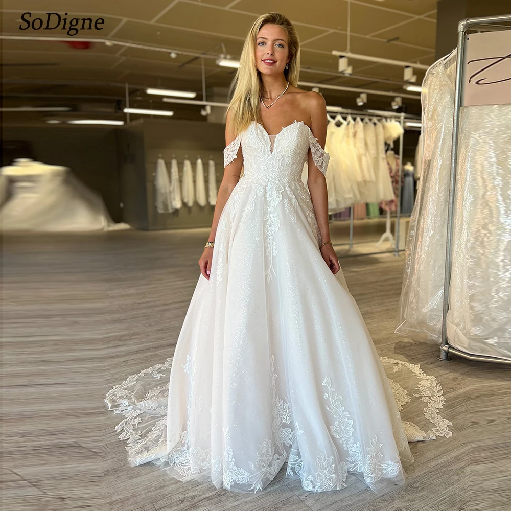 

SoDigne A-line Tulle Glitter Wedding Dresses Off Shoulder Sweetheart Appliques Bridal Dress Long Wedding Gown Custom Made ﻿