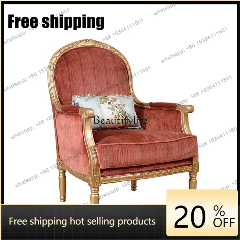 XX French Retro Solid Wood Carving Flower Gold Old Sofa Chair Villa Living Room Luxury Fabric Leisure Chair