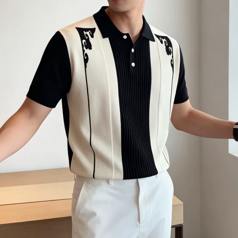 Men's Knitted Color‑Block Striped Polo Top, Summer Short Sleeve Lapel Button‑Down Design Breathable Thin Versatile Casual Shirts