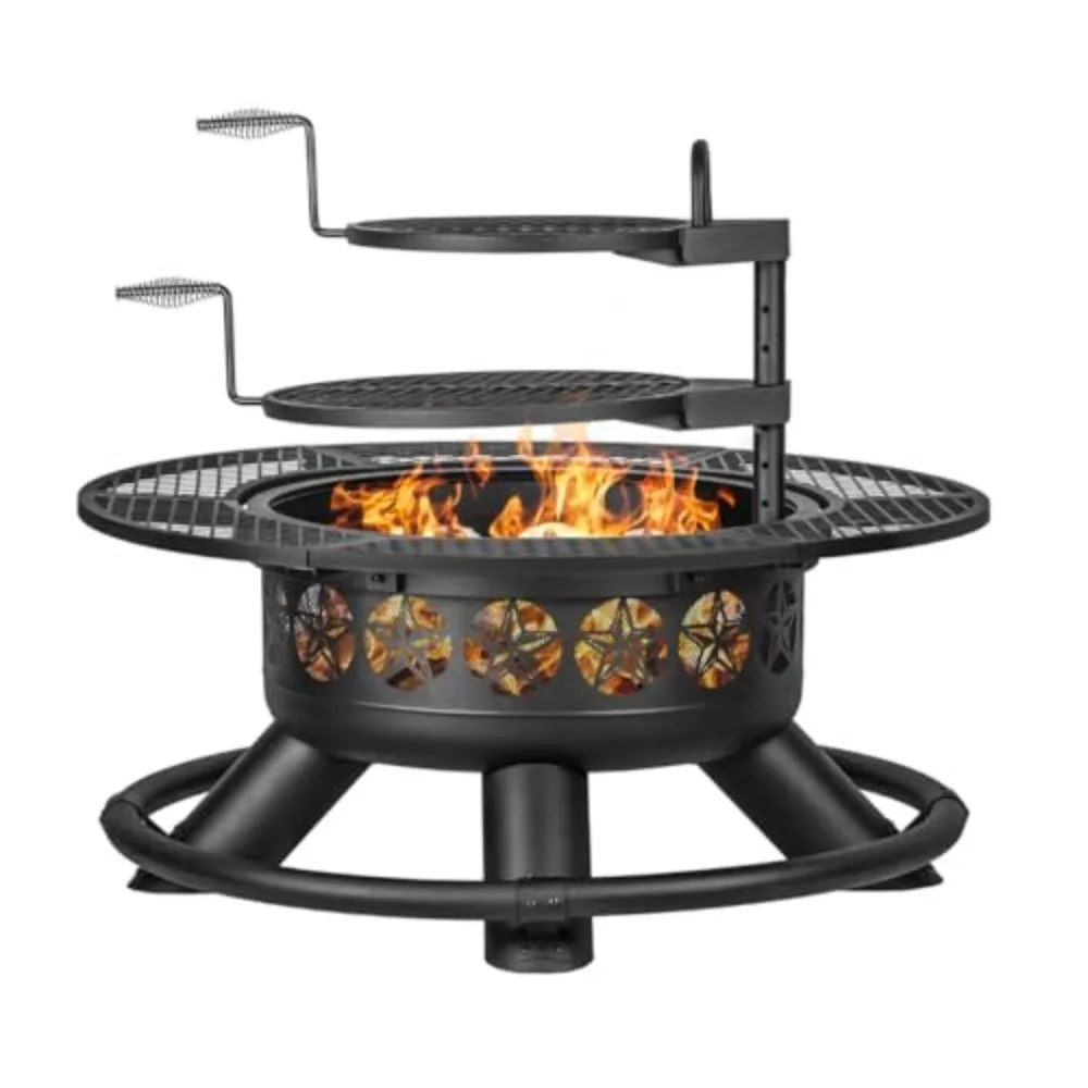 47 Inch Outdoor Fire Pit with 2 Grills, Extra Large BBQ Firepits | Metal Round Fire pits with Lid&Fire Poker,3 in 1