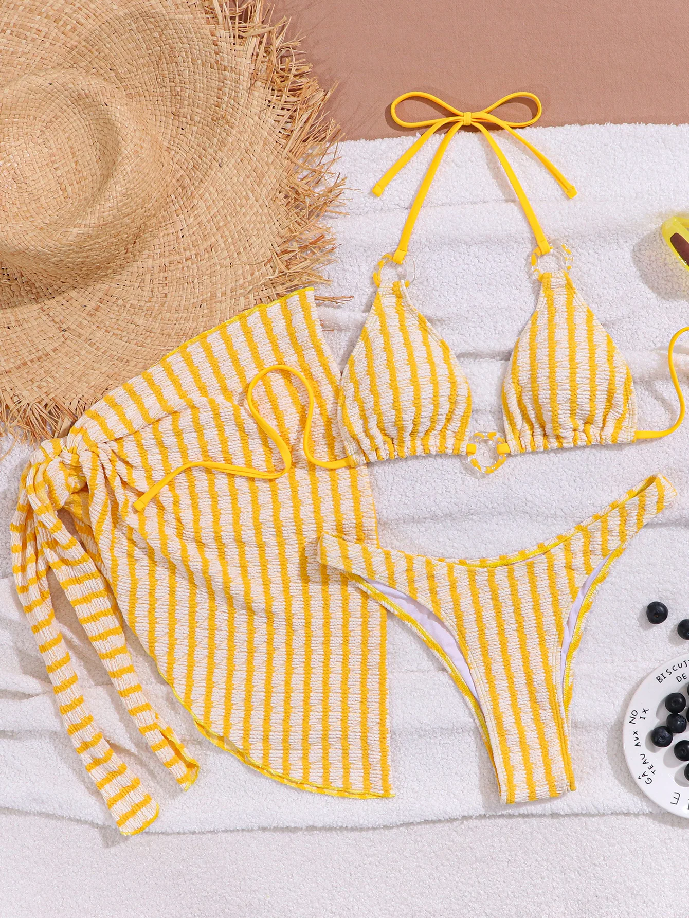 

sexy striped ring bikinis sets three pieces with cover skirt thong bathing suit swimwear beach wear swimsuits tankini biquini