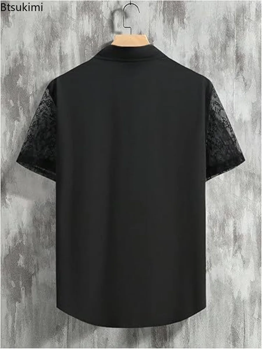 Summer Men's Luxury Mesh Lace Shirts Leisure Hollow-Out Patchwork Short Sleeve Floral Printed Buttoned See-through Male Clothing