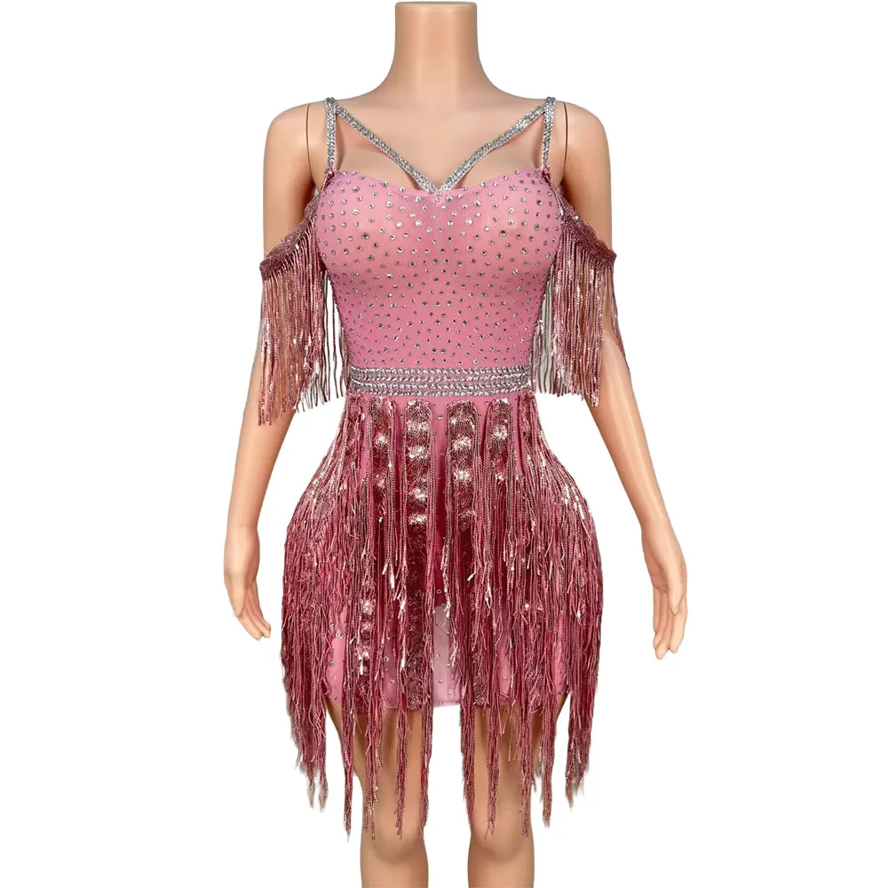 

Блестящее короткое розовое платье с бахромой из страз для женщин: для празднования дня рождения, выпускного вечера, клубных мероприятий, вечернее сетчатое платье, сексуальный наряд для сценических выступлений и танцев