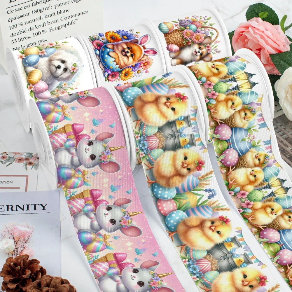 5yards Easter Animals Chicken Easter Egg Pattern Grosgrain Ribbons Satin Ribbon for Cheer Bows DIY Girl Hair Bows Party