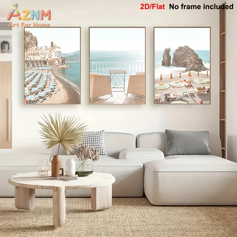 AZNM Boho Coastal Italian Amalfi Coast Beach Town Canvas Wall Art, Neutral Mediterranean Sea View Landscape Print Poster, Unfram