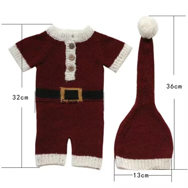 2 PCS New Baby Christmas Costume Crochet Romper Hat Set Baby Jumpsuit Bodysuit Newborn Photography Props Santa Clothing