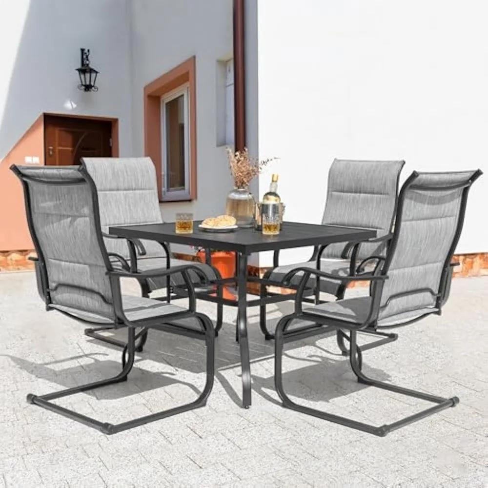 5 Piece Outdoor Dining Set, 4 All Weather Outdoor Padded Textilene Patio Chairs and 37 Square Dining Table with 1.57 Umbrella H