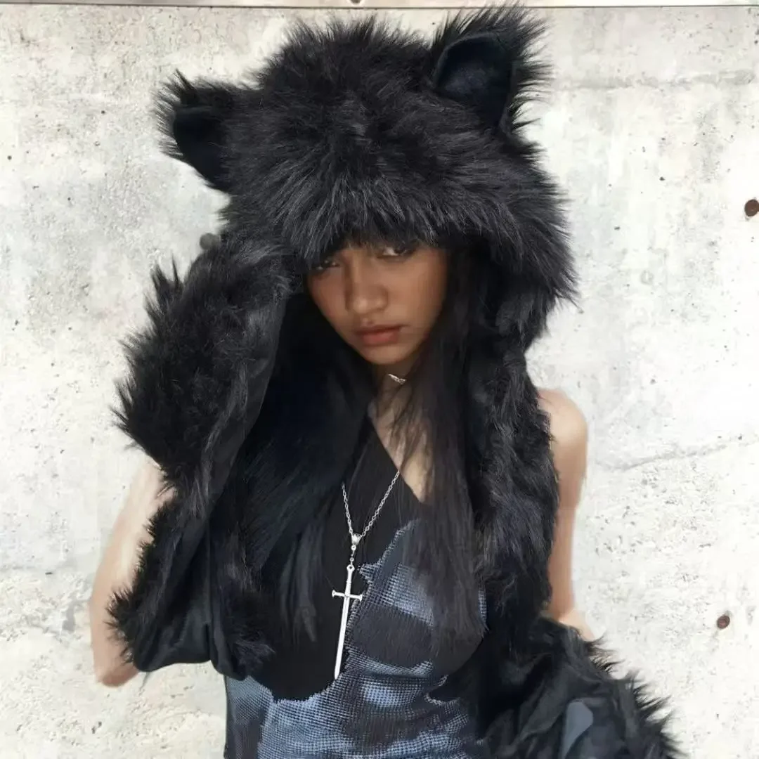 

Японский кавайный милый меховой шарф, зимняя теплая шапка Y2k, эстетичная модная винтажная кепка с медвежьими ушками, женские шапки, уличная одежда в стиле гранж