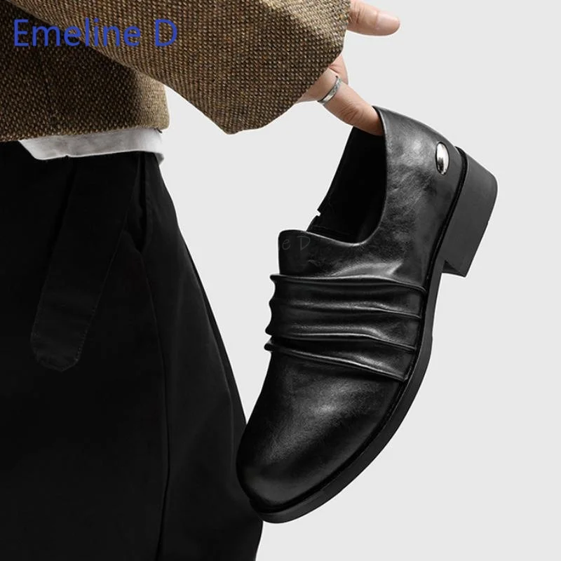 Male Round Toe Loafers Pleated Wrinkle Surface Smooth Leather Slip On Silhouette Block Low Heel Minimalist Street Casual Shoes