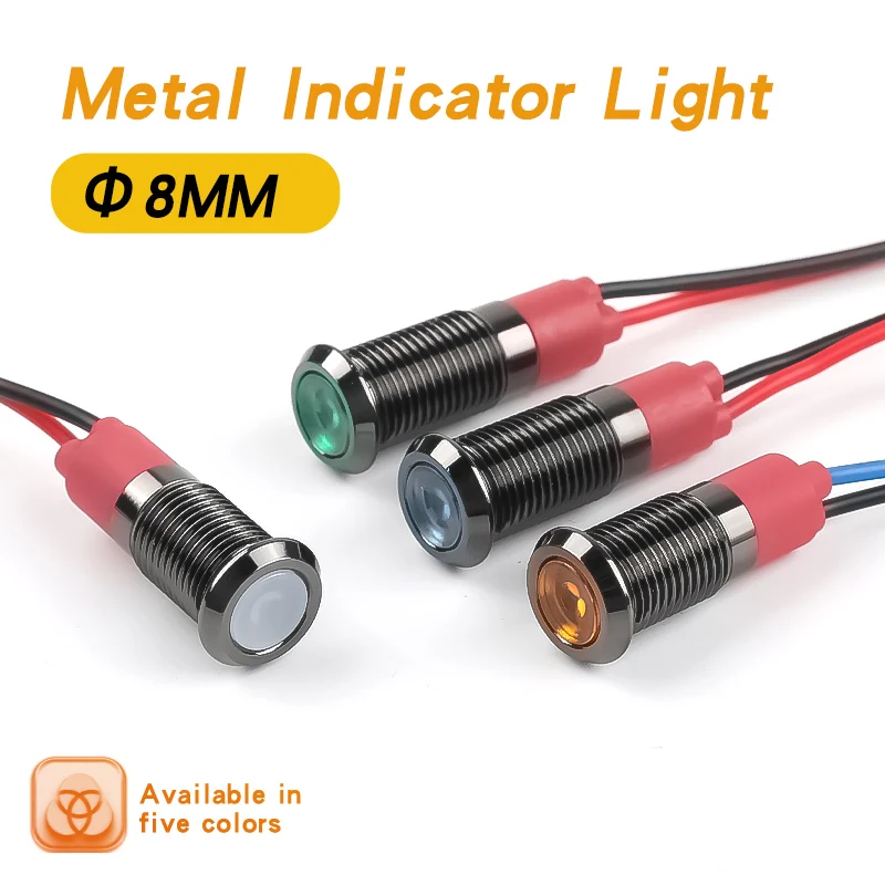 8MM Metal Indicator Light, LED Strip Light With Waterproof Function Oxidized Black Shell, Red Green Yellow Blue White 6V12V24V
