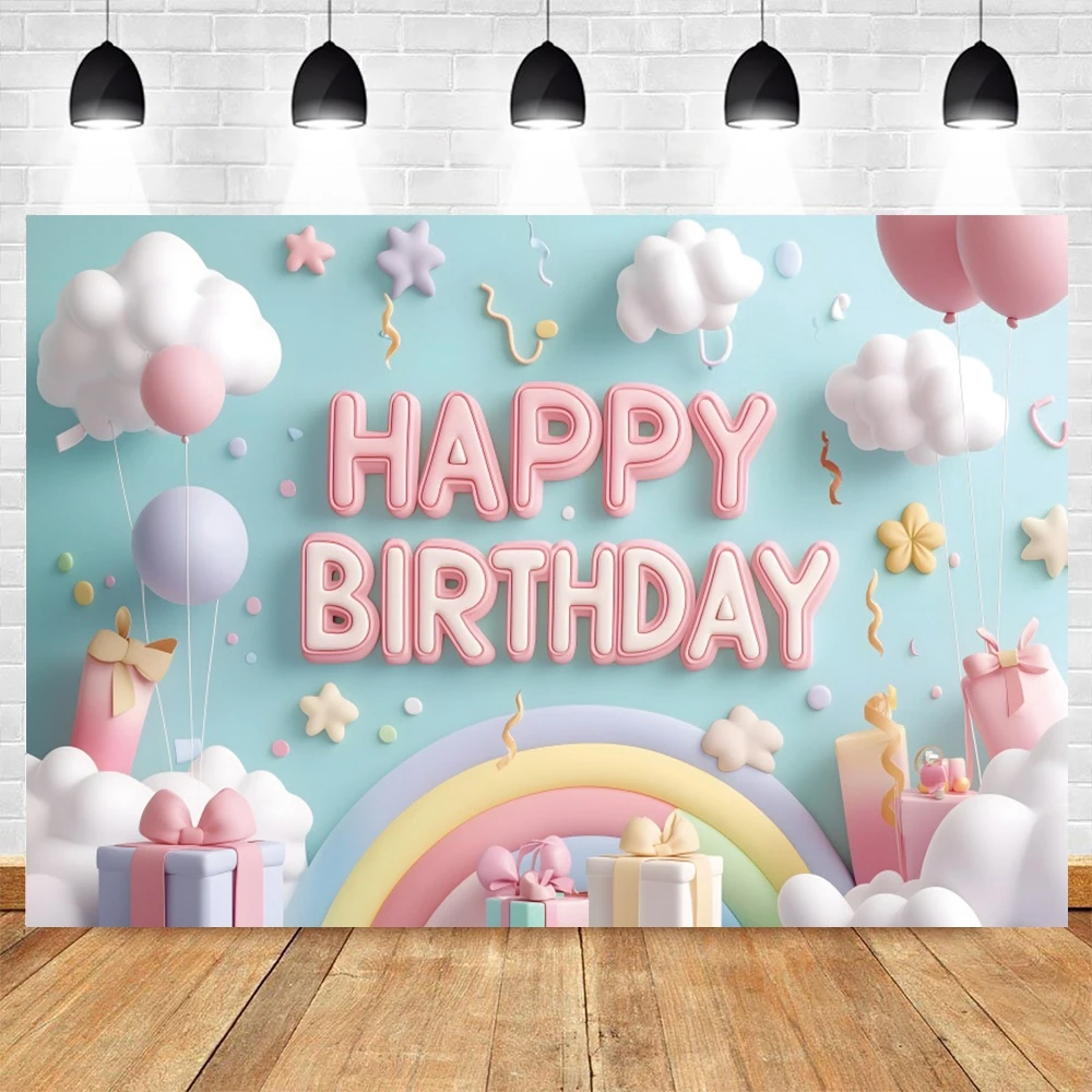 Happy Birthday Rainbow Balloon Photography Backdrop 3D Balloon Arch Rainbow Macaron Girl Boy 1st Birthday Party Photo Background