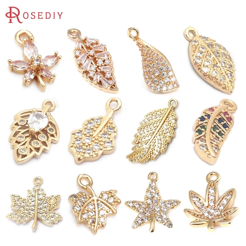 

18K Gold Color Brass and Zircon Tree Leaf Leaves Charms Pendants Jewelry Making Supplies Necklaces Earrings Findings Accessories
