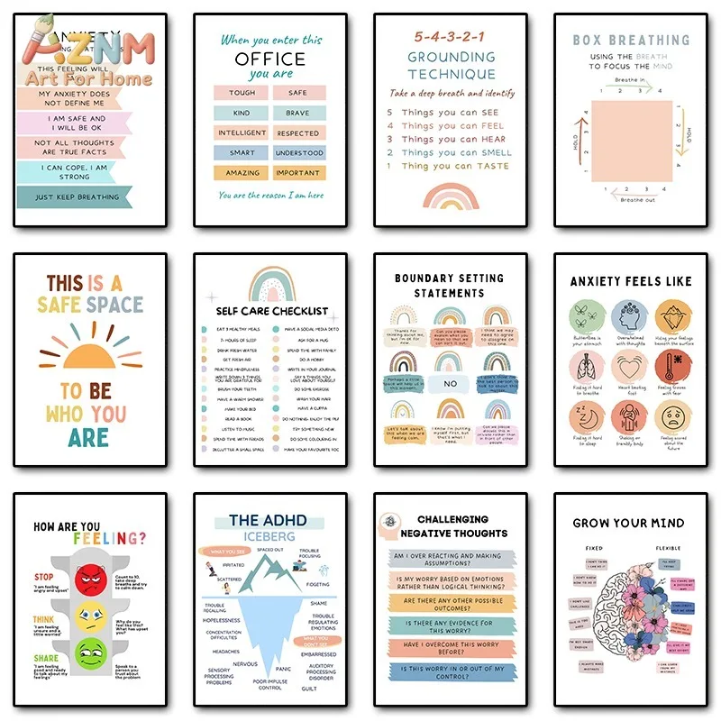 Affiches murales en toile AZNM pour la thérapie de santé mentale : techniques d'ancrage contre l'anxiété, soins personnels, régulation émotionnelle, psychologie, conseil