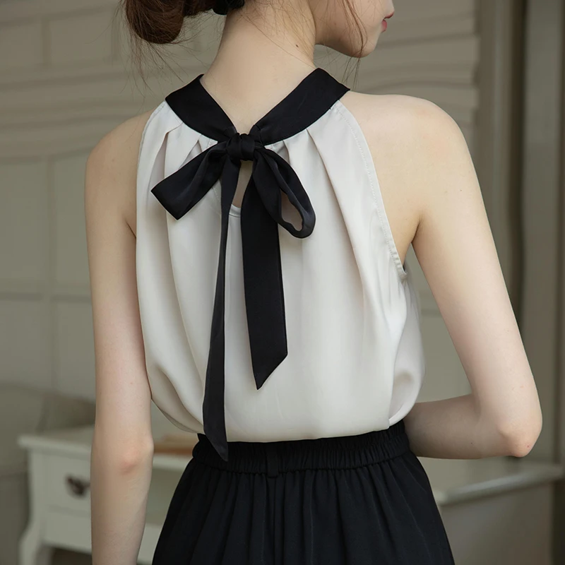 New Arrivals Summer Halter Chiffon Blouses Woman Tops 2024 Casual Patchwork Backless Sexy Sleeveless Shirts Clothes With Tie Bow