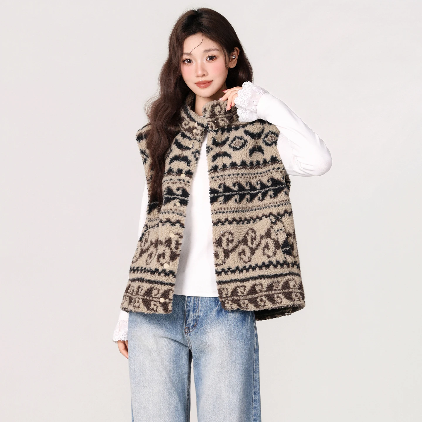 سترة ريترو فيل آيلاند بنمط خروف من القطيفة للنساء لخريف وشتاء 2025 سترة كتف كامري جديدة #1