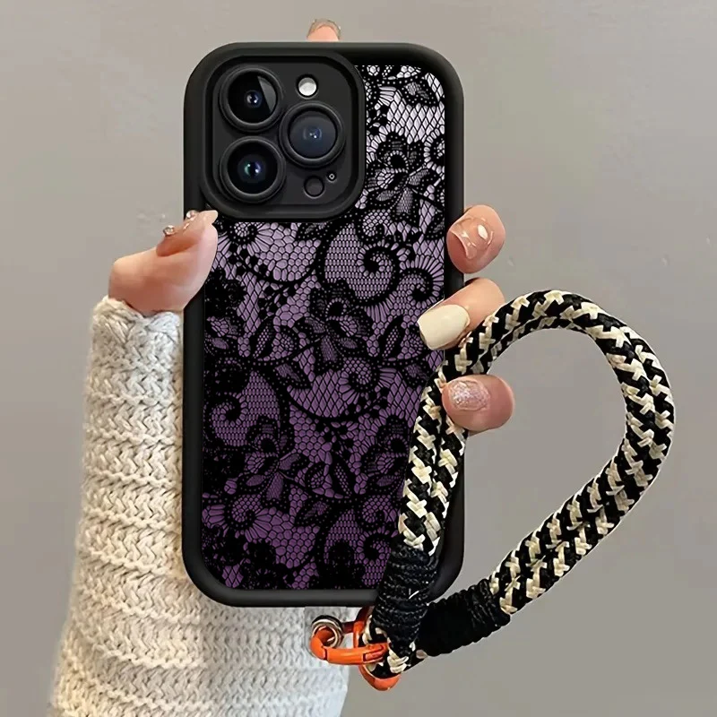 Black Purple Lace Hang Strap Phone Case For Samsung Galaxy Note 20 S23 S24 S25 S26 Plus S24 S23 FE S23 S24 S25 Ultra A56 Cover