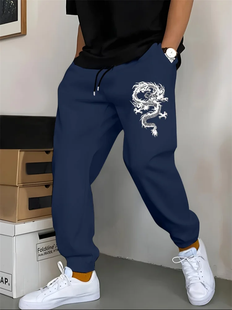Y2K Pantalones para correr con estampado de dragones y letras para hombre. Pantalones casuales con cordón elástico en la cintura, uso diario, pantalones deportivos S-3XL