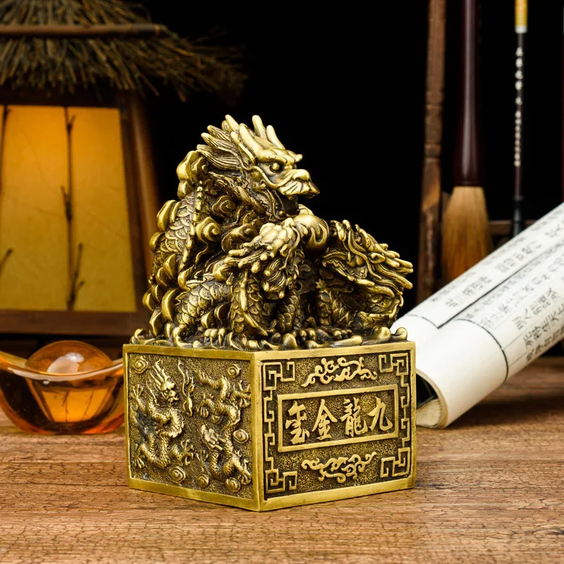 Golden Dragon Statue Emperor Nine Dragons Jade Seal Seal Sculpture Brass Chinese Dragon Seal Home Decoration Dragon Beast Crafts