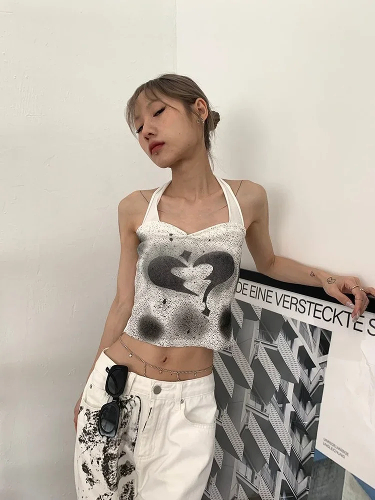 Y2K Heart Printed Vintage Halter Crop Top Sleeveless Elegant Tank  Bodycon Women Summer Out Off Back Harajuku Camisole Vest