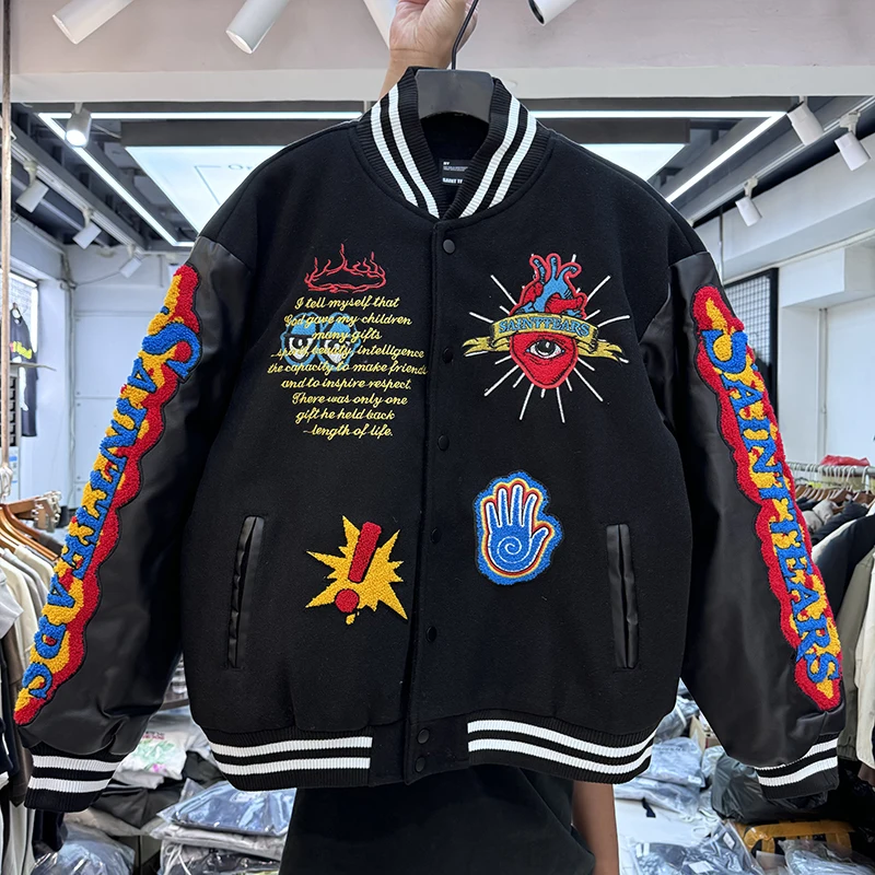 

Heavyweight Embroidered Letter Patchwork Leather Baseball Jaet Loose Casual Flight Jaet Trendy Winter Outerwear Coat