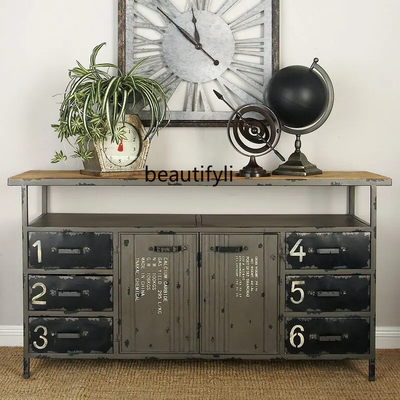 LOFT Industrial Style Sideboard Iron Locker Tea Table Vintage Distressed Restaurant Equipment Sideboard Cupboard Wine Cabinet